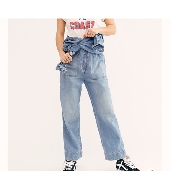 Free People Zipper Front Point Collar Long Sleeve Overall Denim Jumpsuit Size 28 - Picture 5 of 14